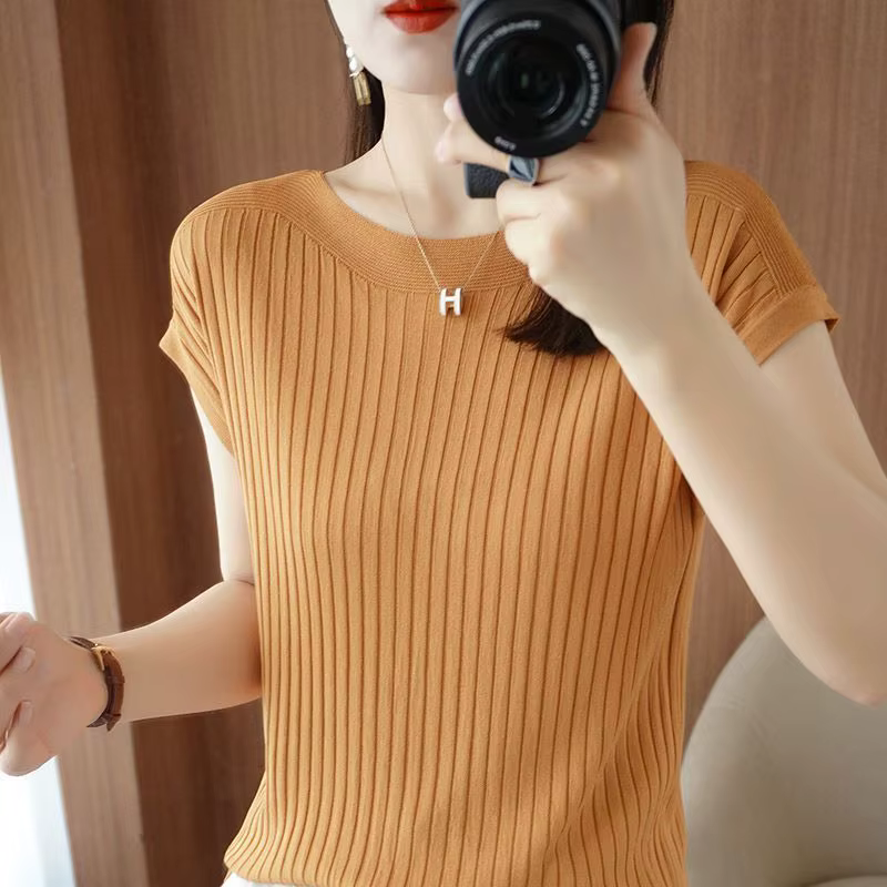 Vêtements pour femmes élégant tout-match couleur unie glace soie T-shirt 2023 été femme coréenne sim