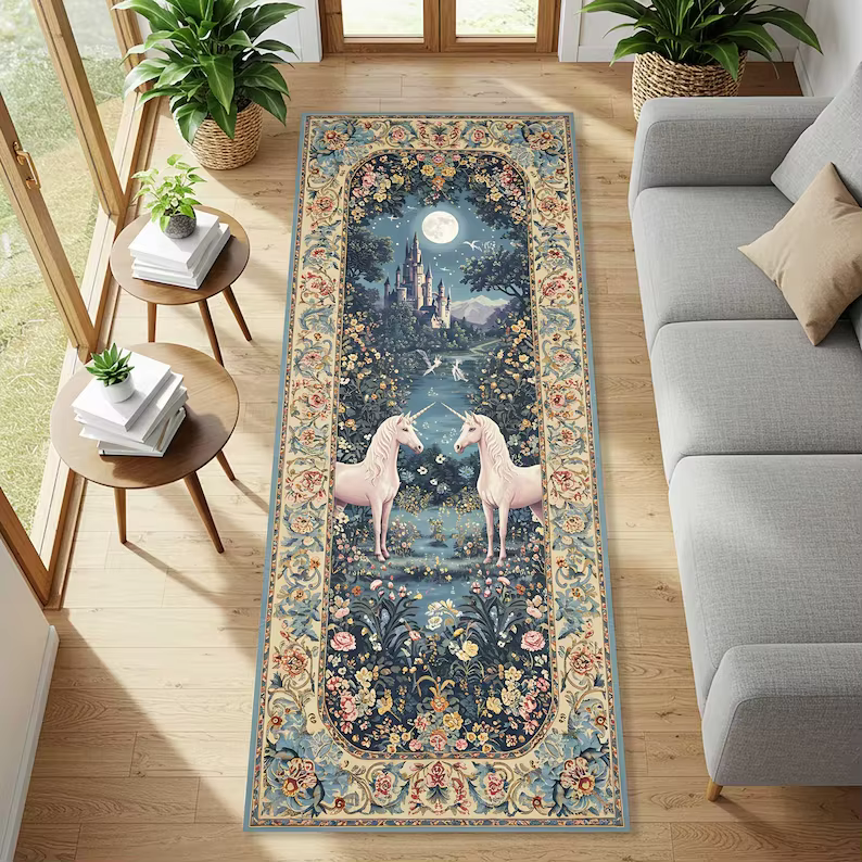 Tapis de sol à motif de forêt de licornes fantastiques, décoration de la maison, tapis de sol vintag