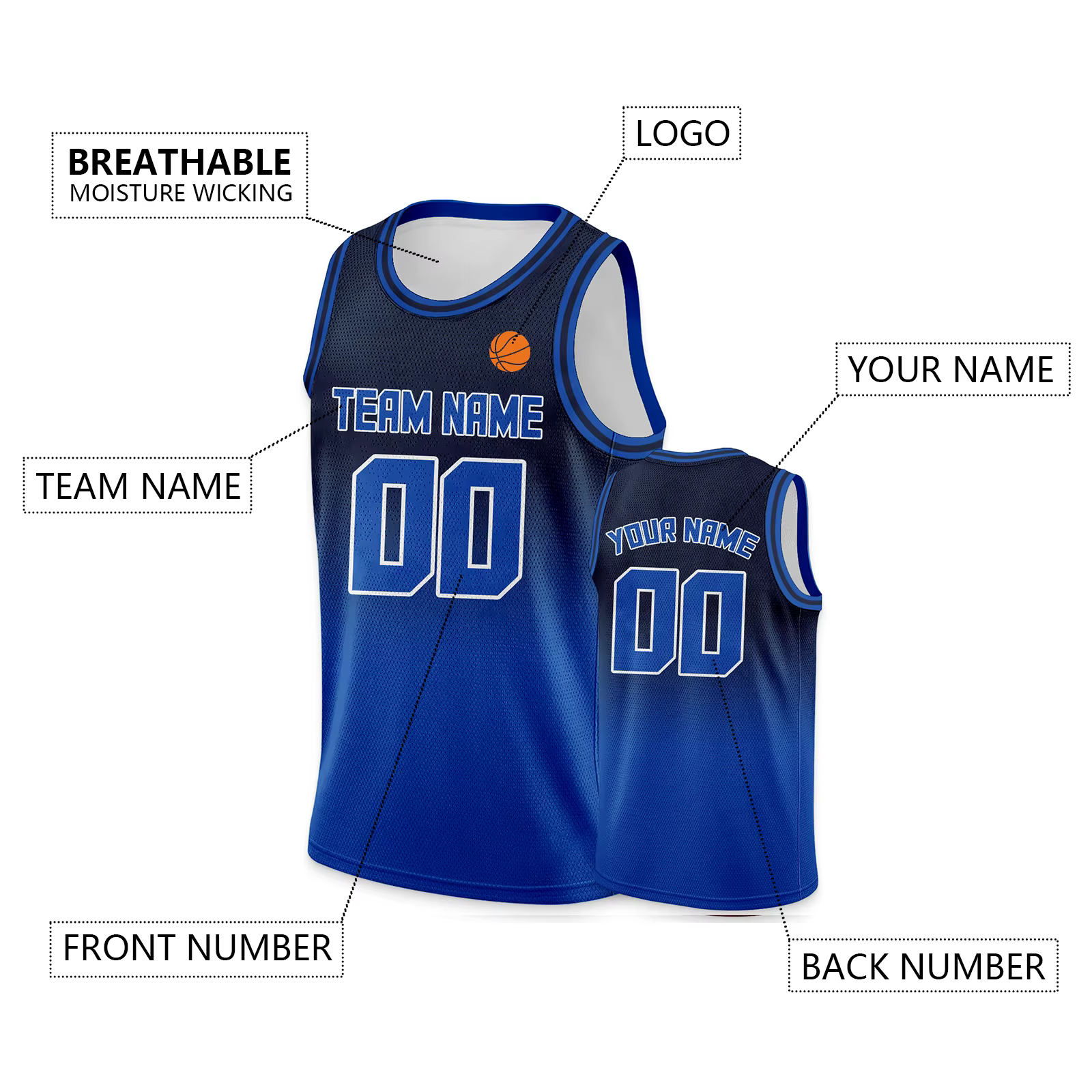 Maillot de Basket-ball Personnalisé Bleu Dégradé, Imprimé avec Nom, Numéro, Logo, Chemise d'Équipe p