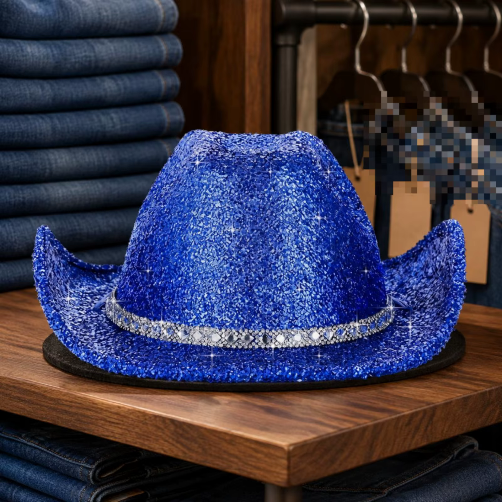Chapeau de cowboy bleu scintillant en jean, accessoire de tête à couronne haute avec bande décorativ