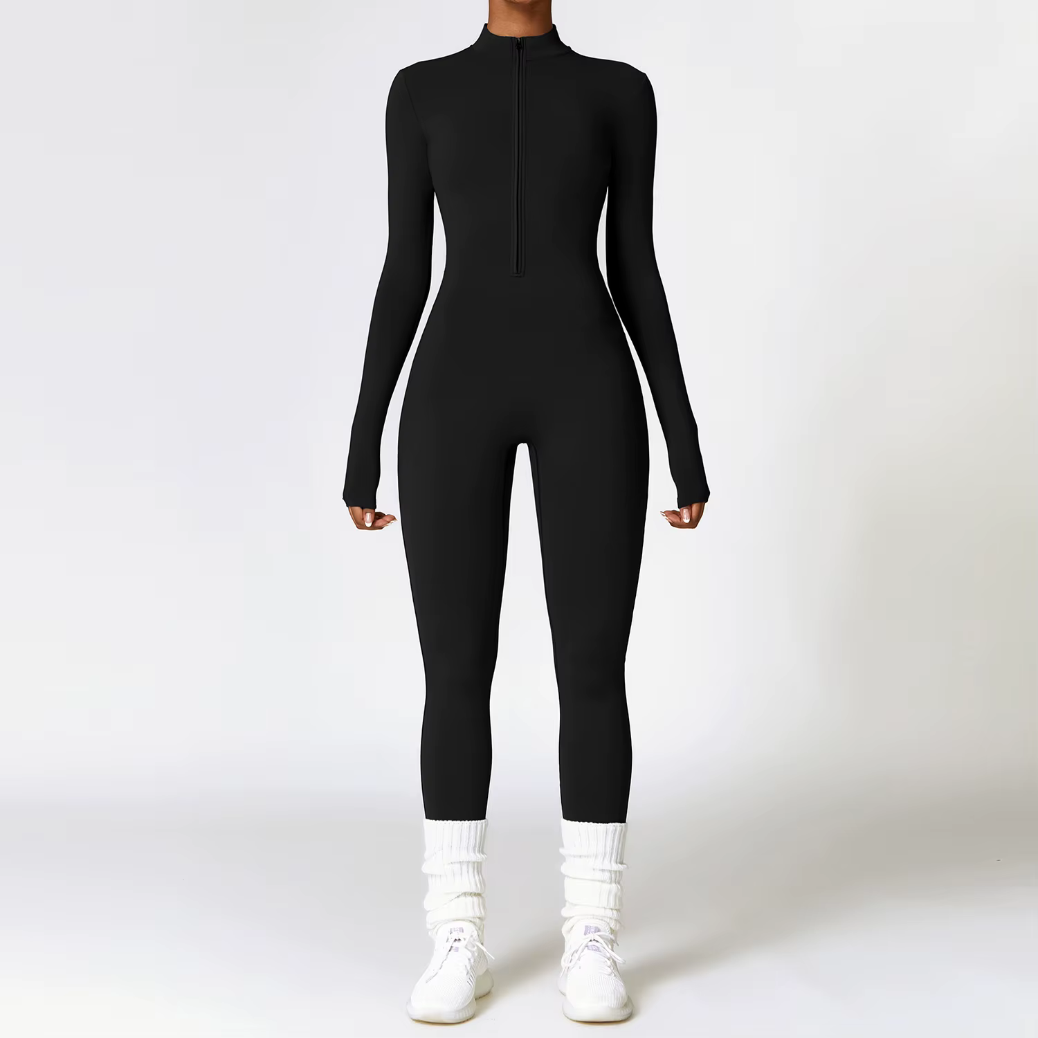 Vêtements de sport une pièce à manches longues pour femmes, barboteuse de Yoga à fermeture éclair, c