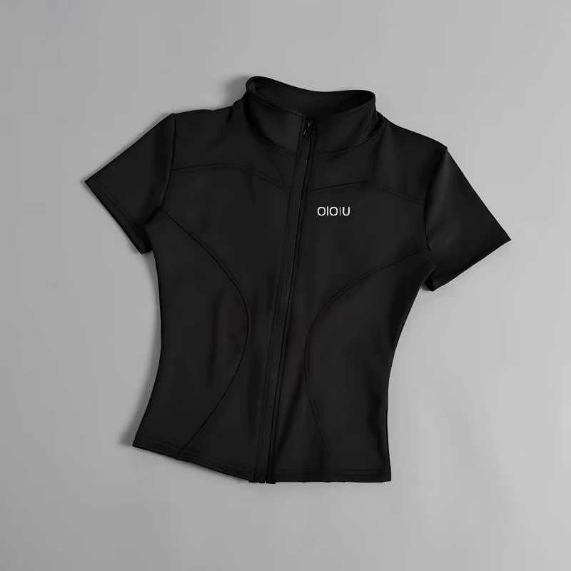 OLOIU Veste de yoga à manches courtes avec col élastique, fermeture éclair, coupe ajustée, manches c