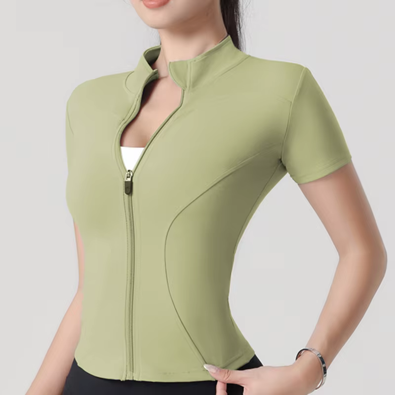 Femme yoga veste haute élastique Yoga à manches courtes manteau col montant serré sport manteau nu F