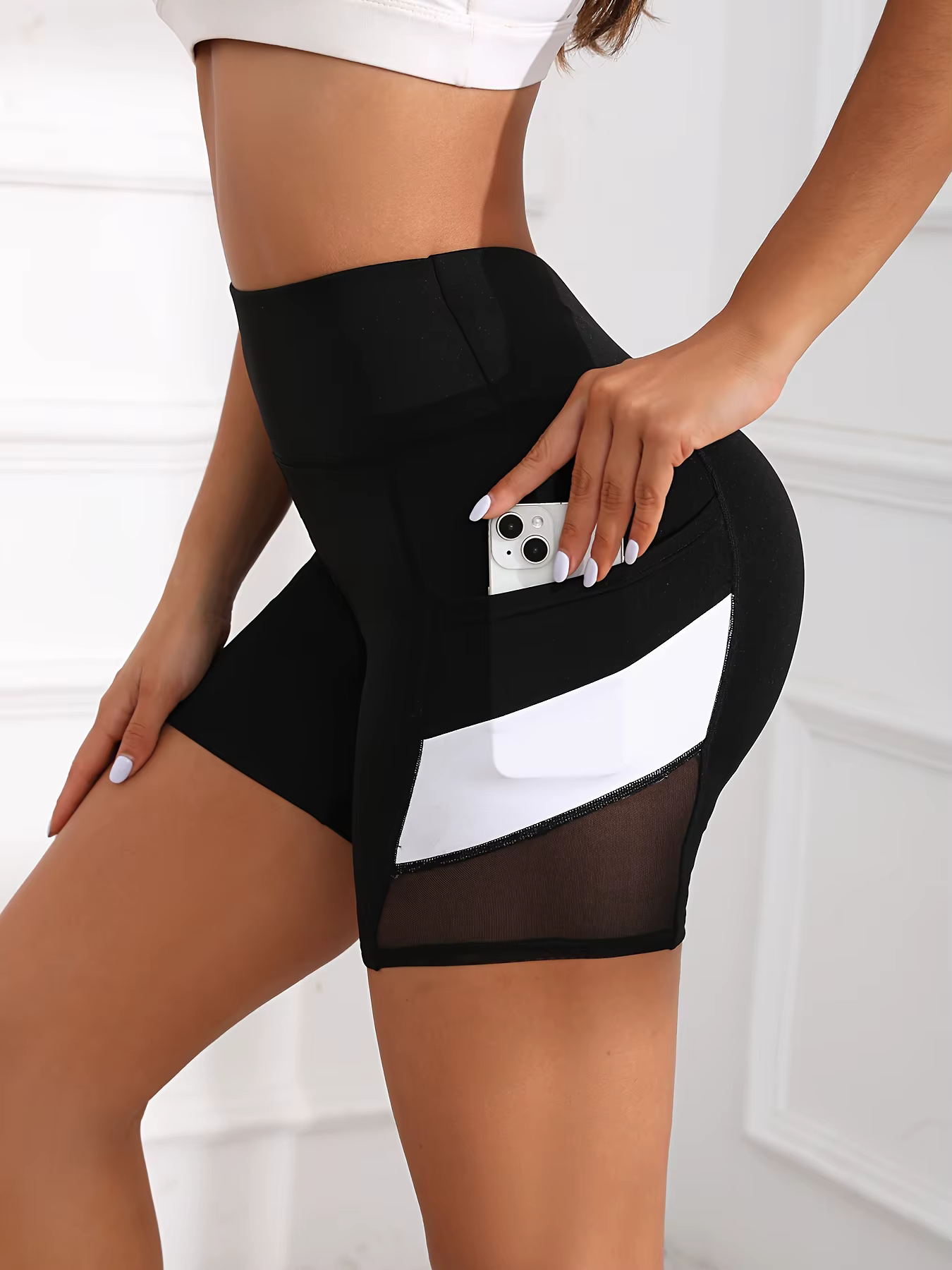 Short de yoga taille haute en maille pour femme avec poches, short d'exercice TUNITuck