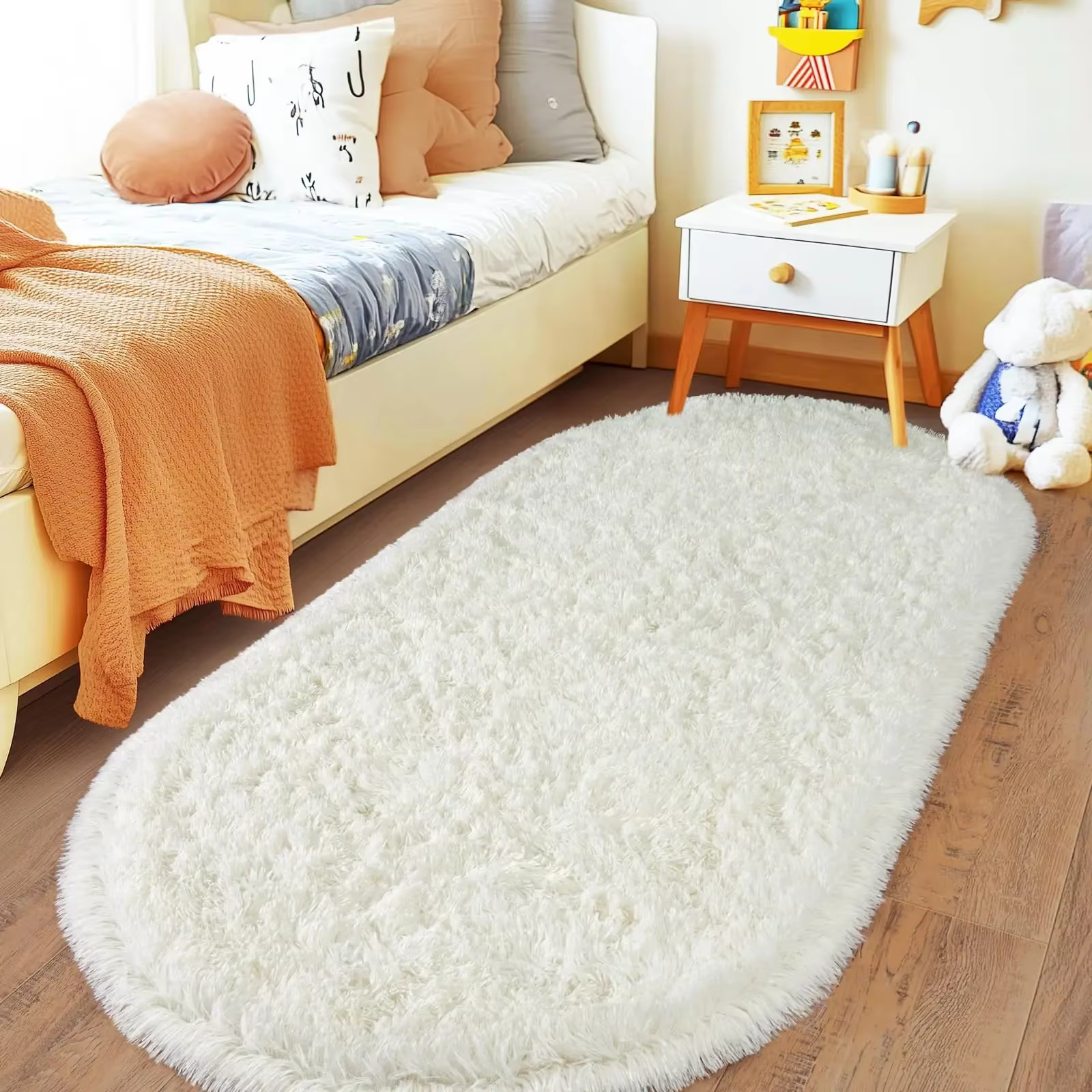 Tapis gris clair tie-dye, ovale, moelleux, en peluche, pour chevet, chambre d'enfant, tapis anti-hum