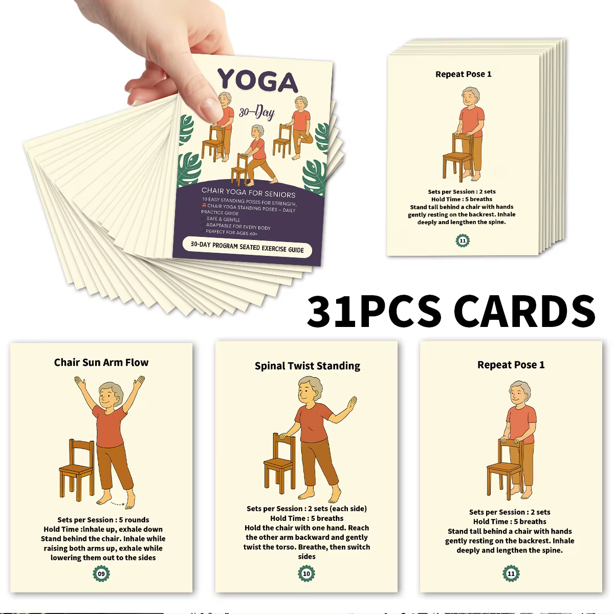 Chaise de Yoga sur pied pour personnes âgées, cartes sur pied sûres, Guide de pratique de 30 jours,