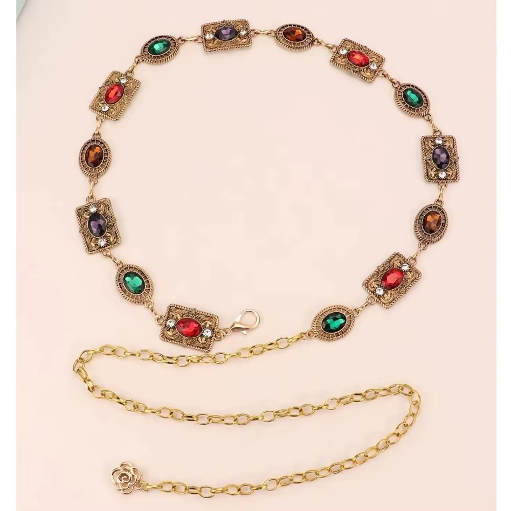 Chaîne de taille dorée et argentée, accessoire de ceinture de robe en métal avec strass ovales sculp