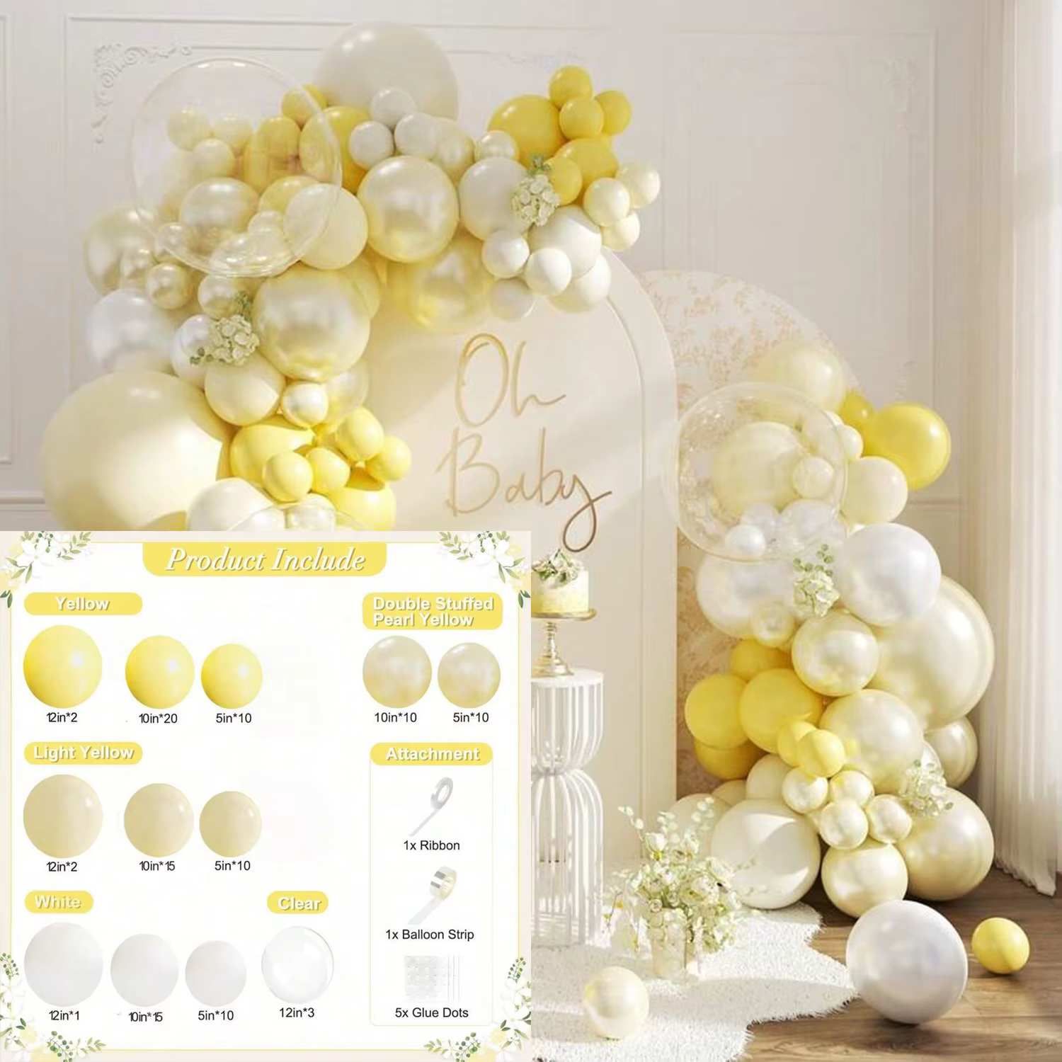110 ballons jaunes en couleur perle jaune clair et blanc, adaptés aux fêtes d'anniversaire, aux mari
