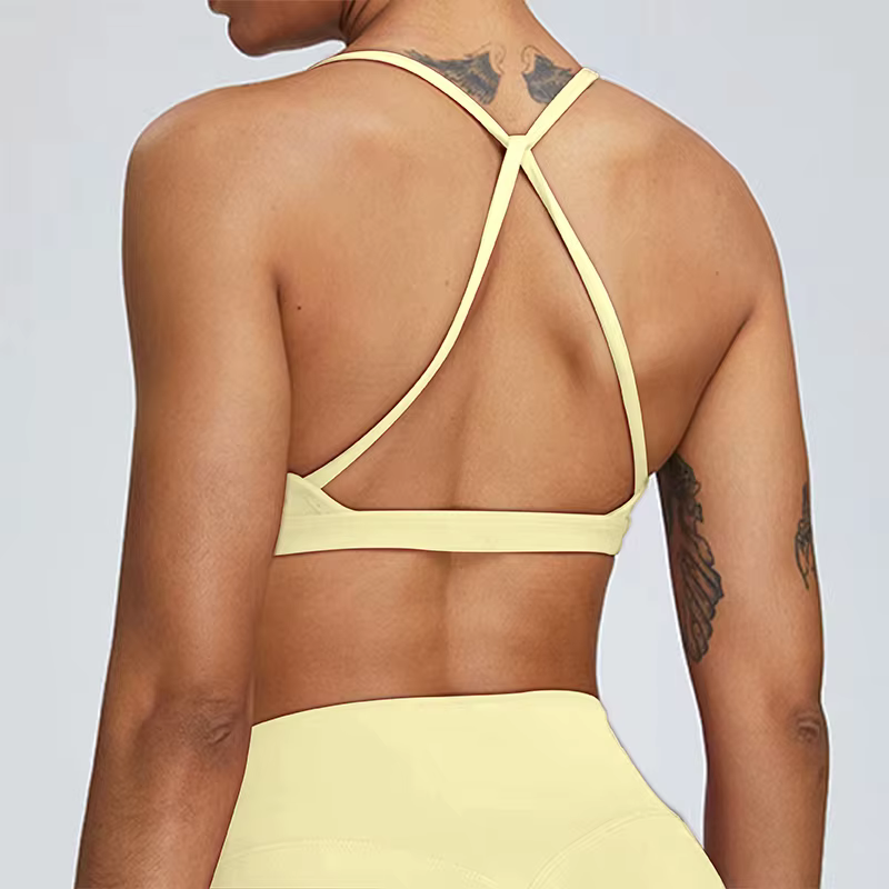 Soutien-gorge de sport sexy froncé pour femme, haut de gym, haut de course à dos croisé, vêtements d