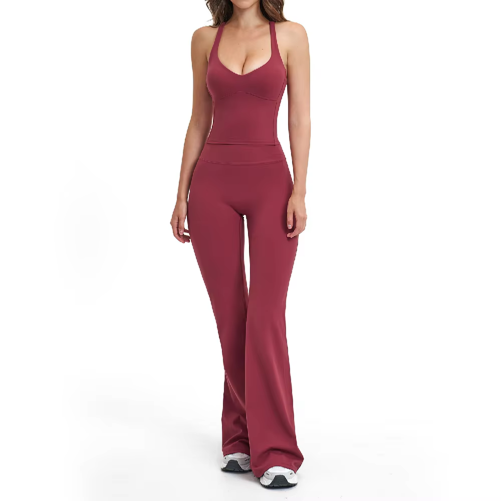 Ensemble de yoga 2 pièces pour femme : pantalon évasé et débardeur de sport antichoc – Tenue de spor
