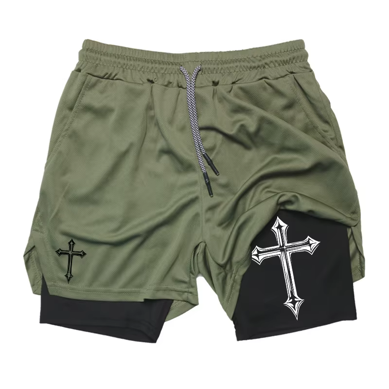 Short d'entraînement 2 en 1 imprimé croisé avec doublure de compression pour homme, short athlétique