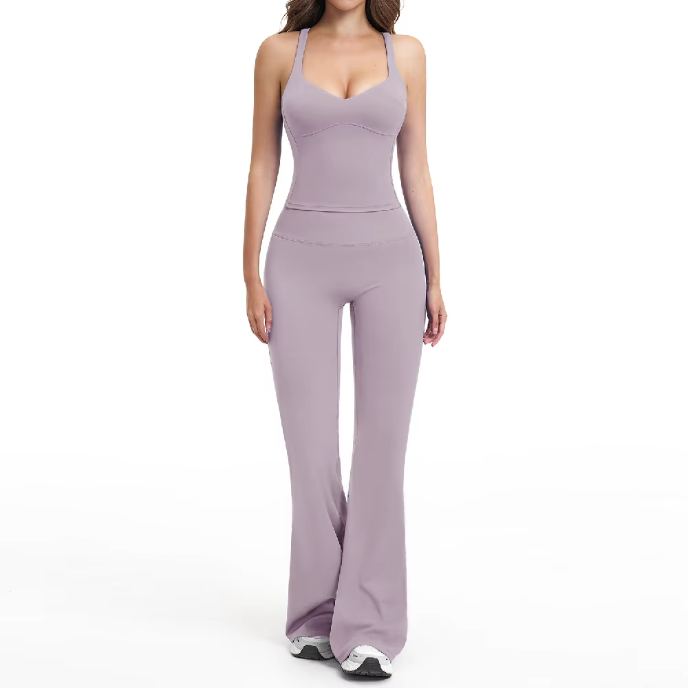 Ensemble de yoga 2 pièces pour femme : pantalon évasé et débardeur de sport antichoc – Tenue de spor
