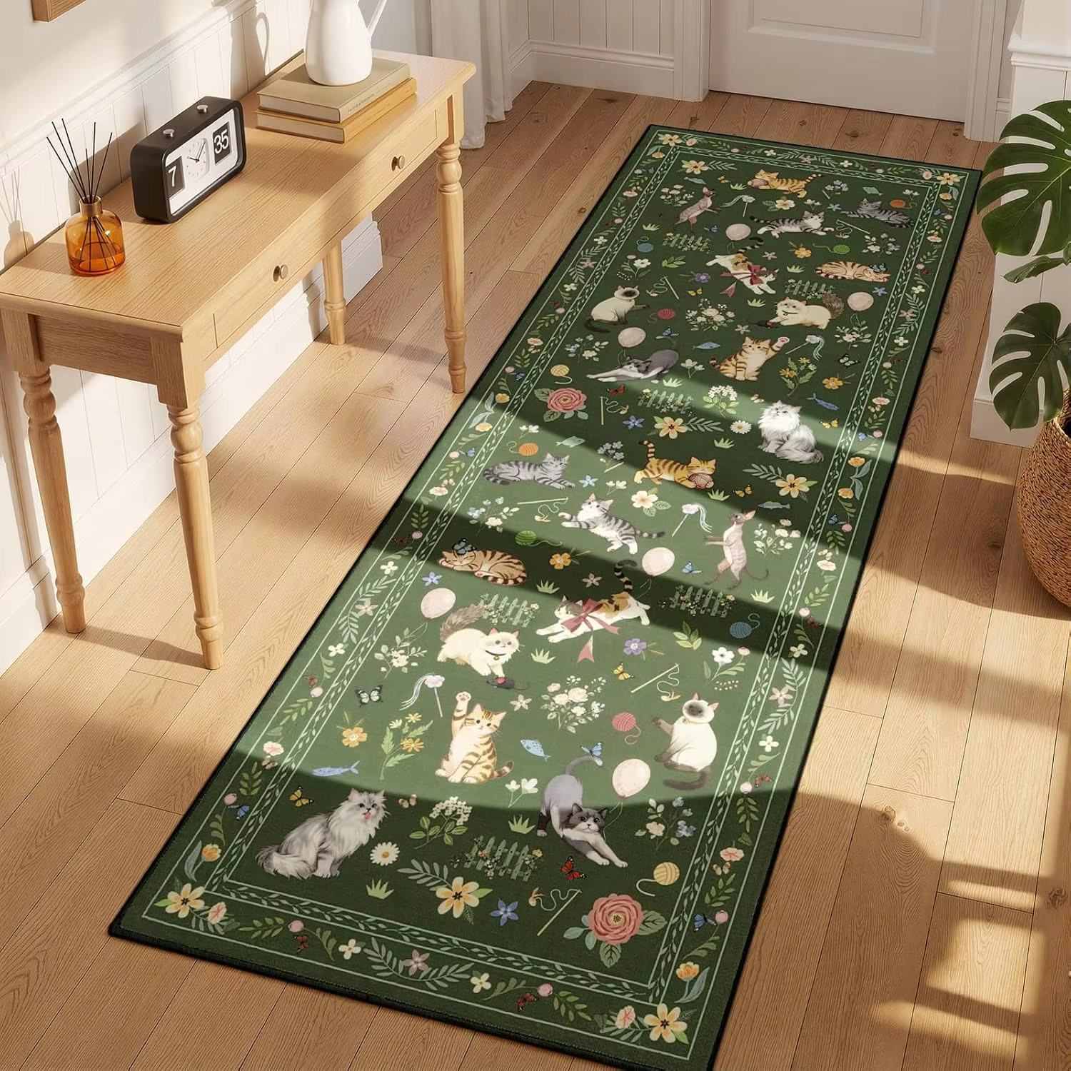 Tapis de couloir vintage vert foncé à motif botanique de chat, imprimé fleurs de prairie, tapis arti