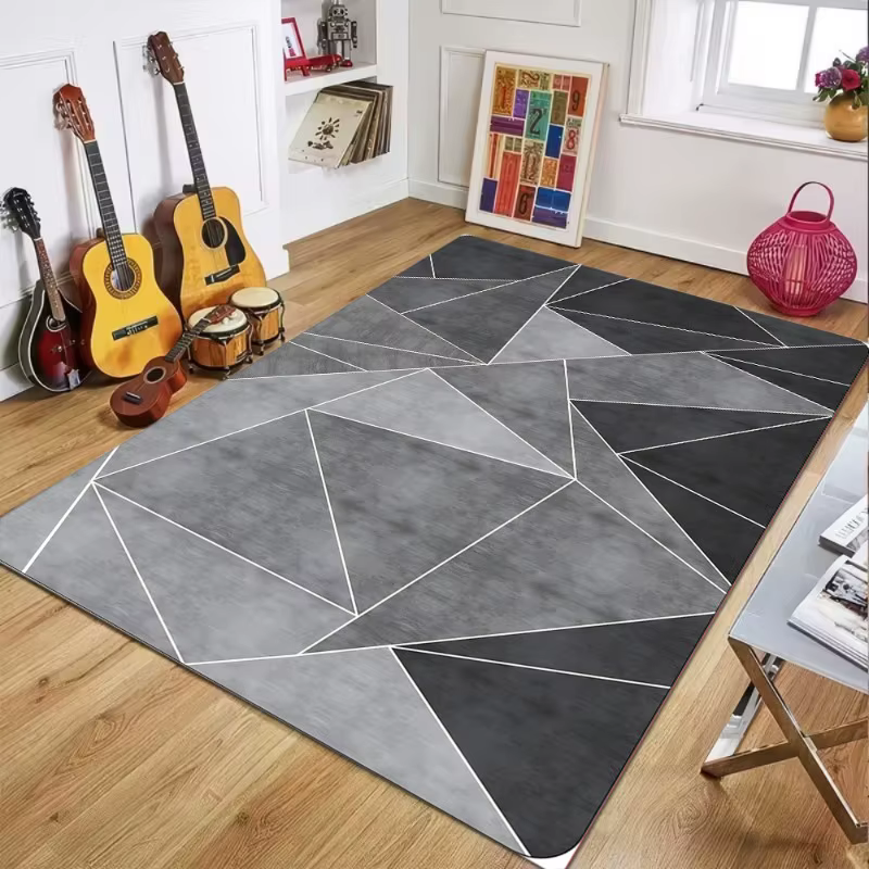 Tapis géométrique gris jaune – Design abstrait moderne avec lignes contrastées, tapis antidérapant p