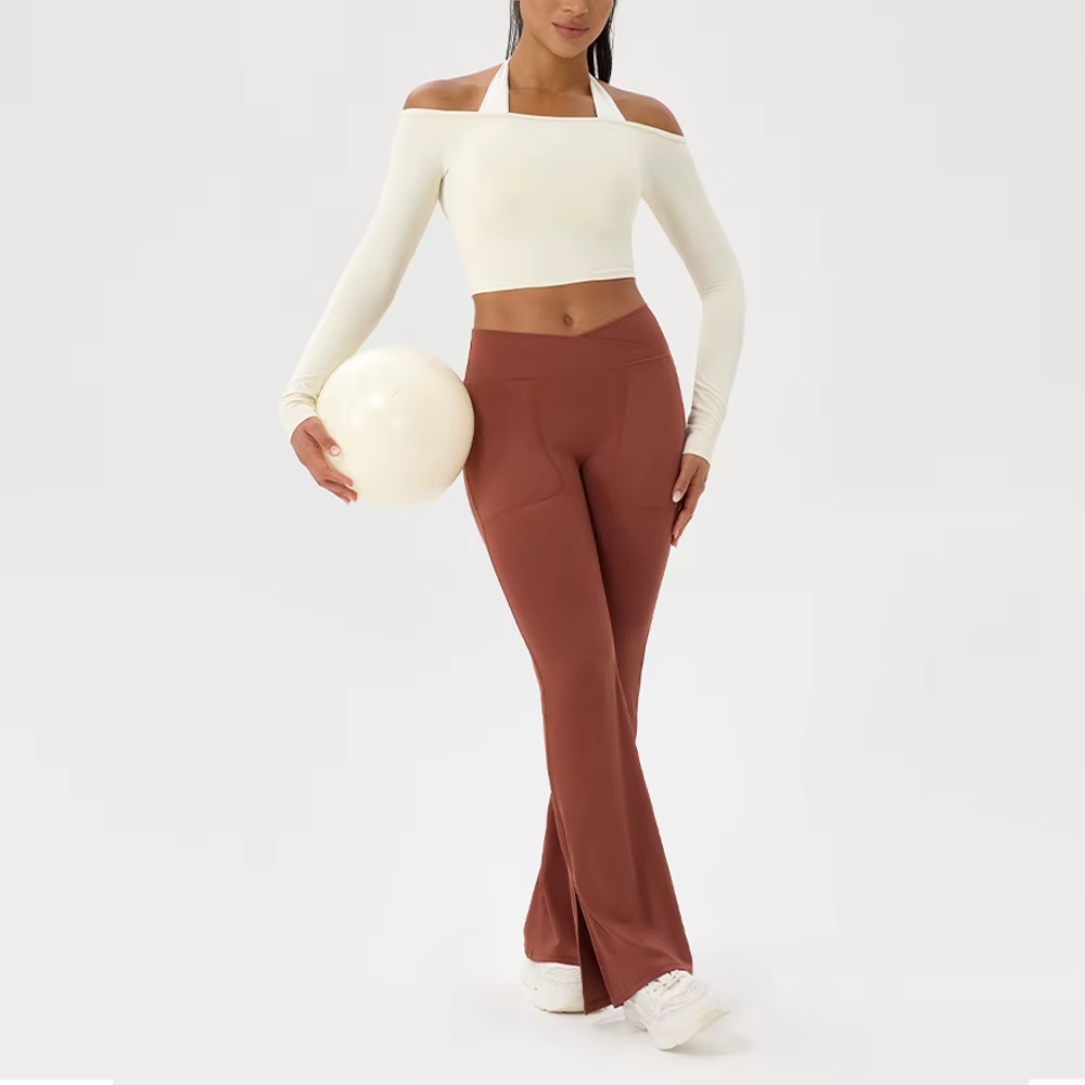 T-shirt de Yoga à manches longues pour femmes, asymétrique épaule dénudée, sexy, serré, vêtements de