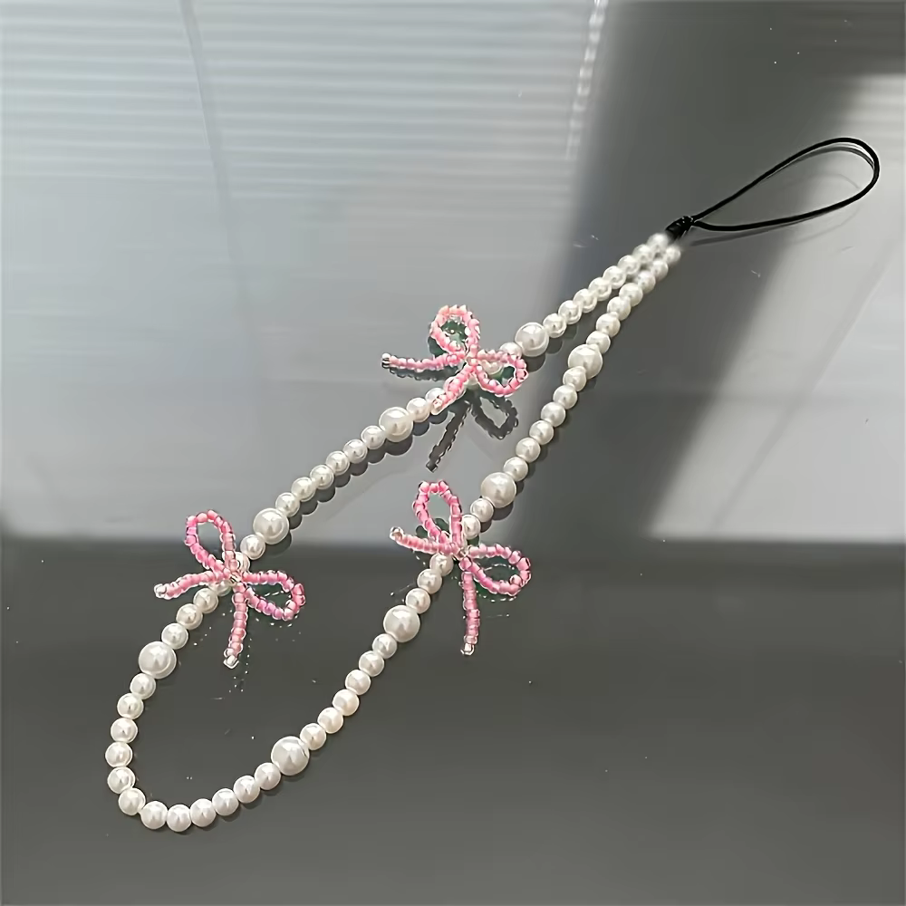 Accessoire de breloque en perles avec nœud papillon rose, 1 pièce, pour étui de téléphone, lanière,