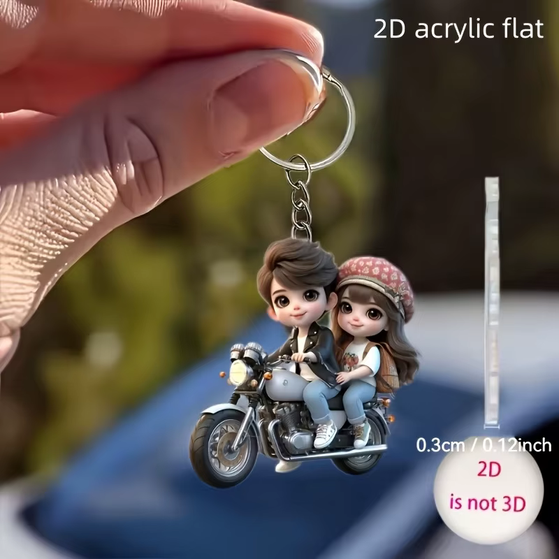 Porte-clés en acrylique 2D plat avec couple mignon à moto, pendentif pour sac à dos, décoration de s