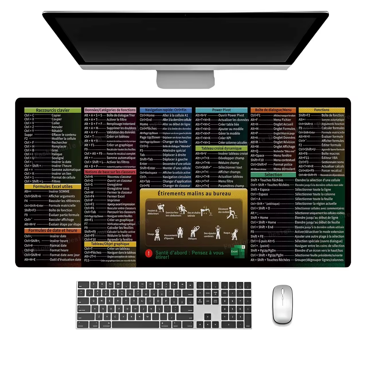 Tapis de Souris en Cuir avec Raccourcis Excel Français pour Clavier et Souris, Tapis de Bureau Gamin