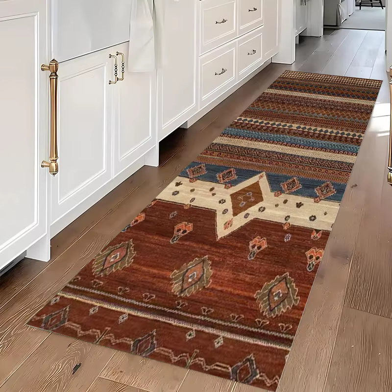 Tapis de couloir vintage ethnique tribal, motif géométrique audacieux, doux, lavable et antidérapant