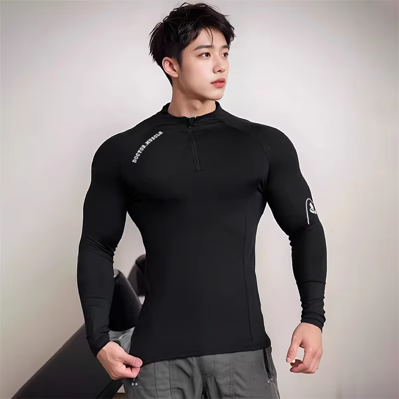 Haute qualité fermeture éclair col rond hauts sport printemps automne fitness T-shirt hommes à manch