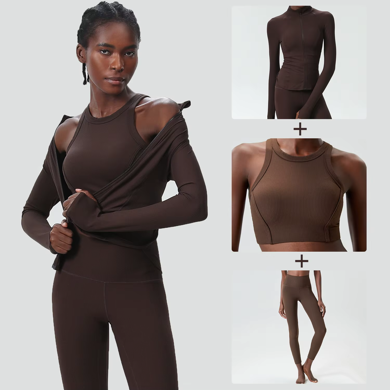 Ensemble de Yoga 3 pièces pour femmes, couleur unie, côtelé, combinaison de gymnastique, manches lon