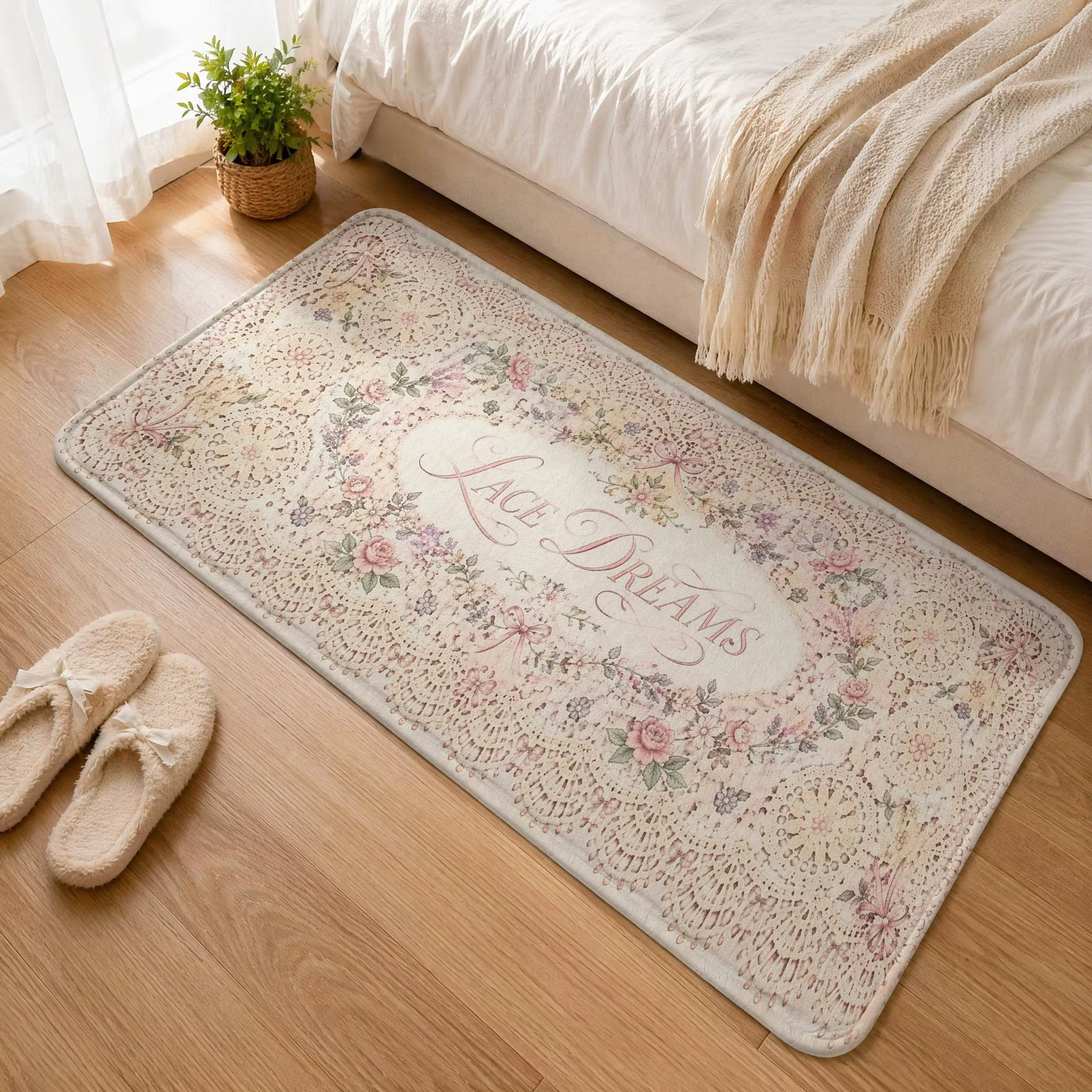 Tapis de Couloir Long en Crochet Floral Vintage Lace Dreams, Style Shabby Chic, Motif Floral Pastel,