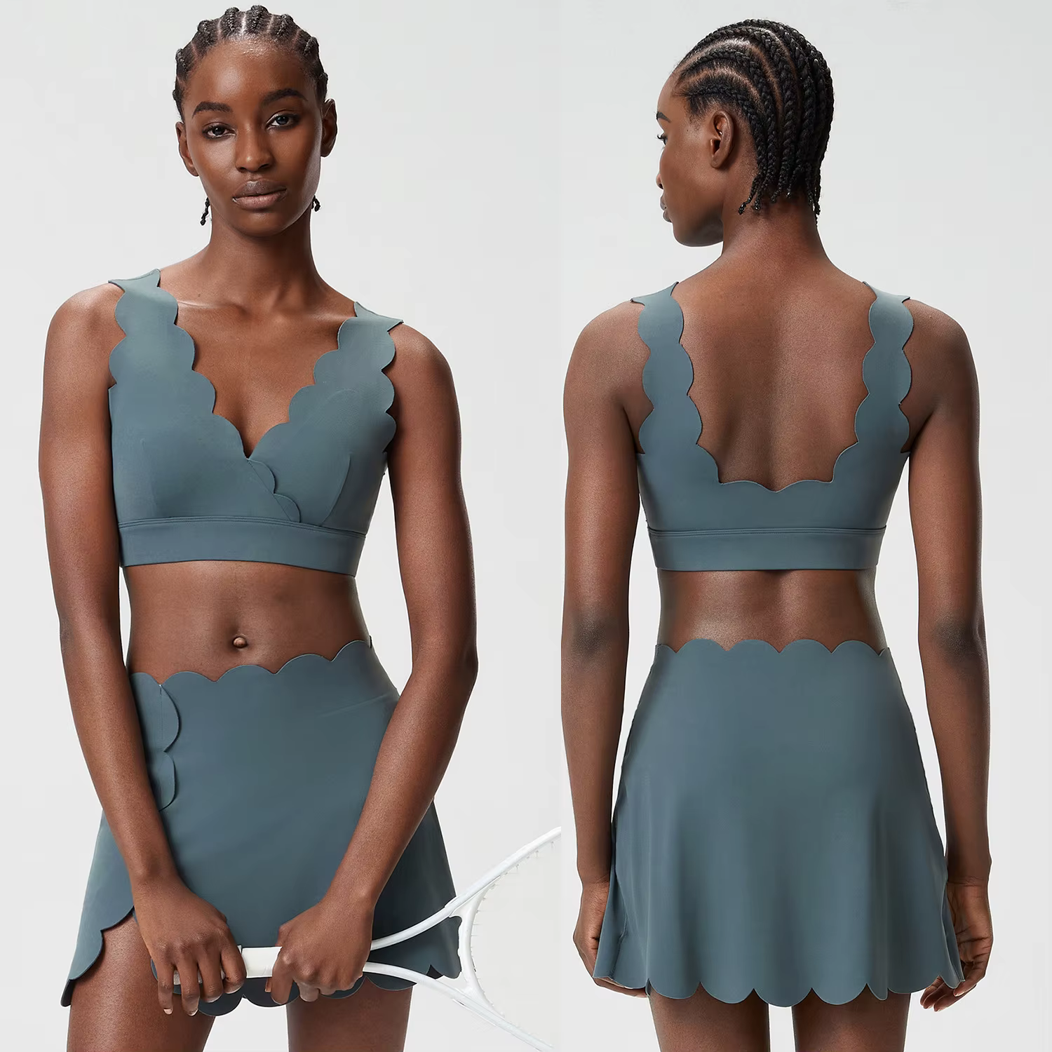 Ensemble de yoga 2 pièces pour femme, tenue de sport, haut de yoga à col en V et jupe courte taille