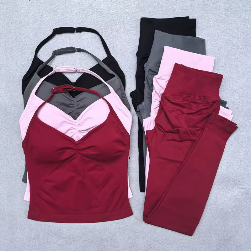 Ensemble de Yoga sans couture pour femmes, 2 pièces, débardeur rembourré, col licou, froissé, levage