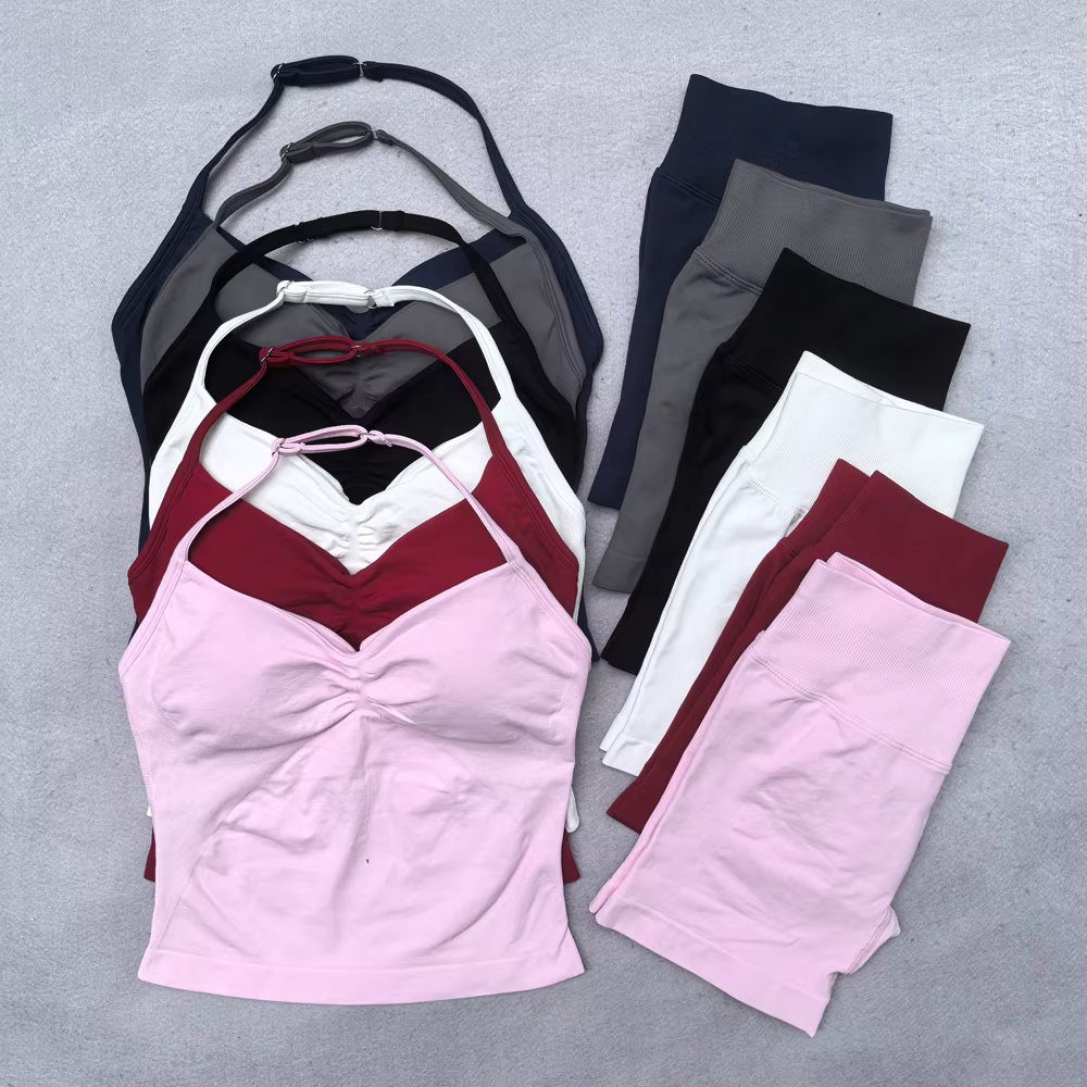 Ensemble de Yoga sans couture pour femmes, 2 pièces, débardeur rembourré, col licou, froissé, levage