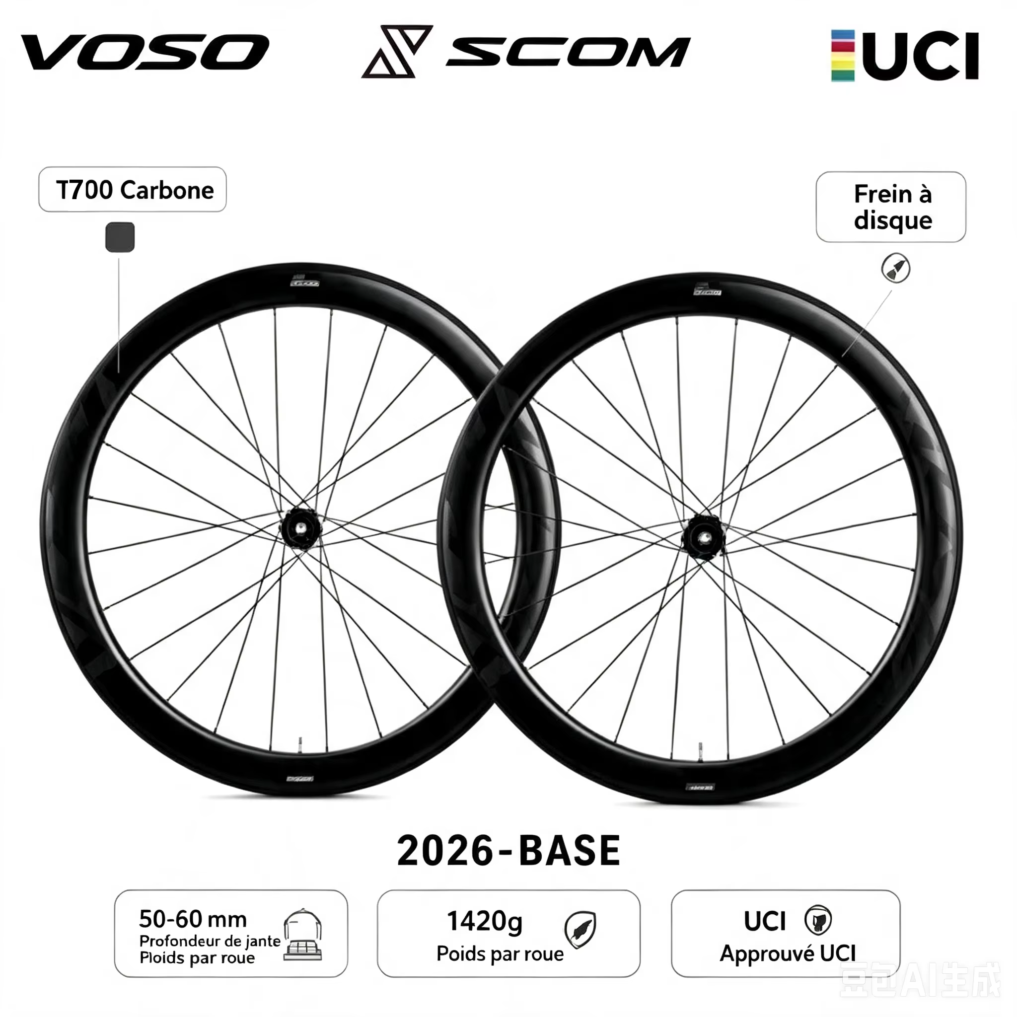 Jeu de roues de route en carbone VOSO 700C 50mm T700, frein à disque, 1450g, ultra léger, tubeless, 