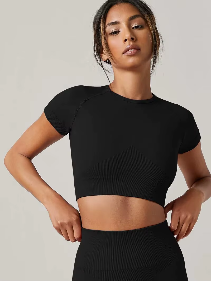T-shirt de sport sans couture pour femme, haut de yoga, vêtements de fitness, chemise de gym, vêteme
