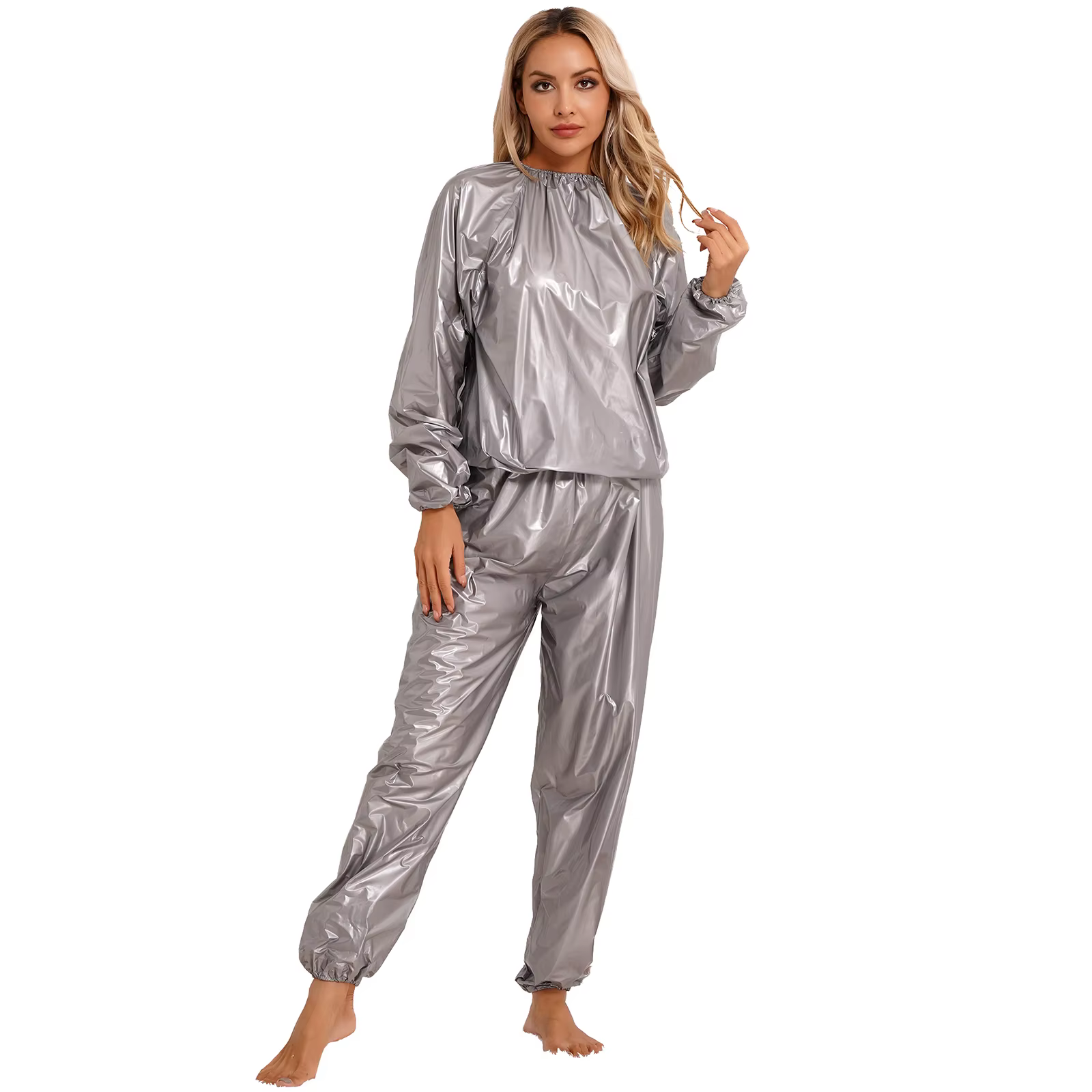 Combinaison de Sauna en PVC pour femmes, 2 pièces, manches longues, manchette élastique, haut et pan