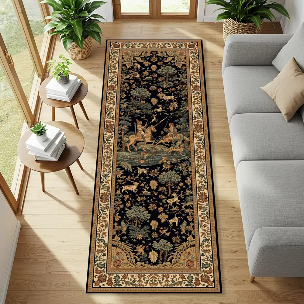 Tapis de couloir vintage à motifs floraux et animaux sauvages, antidérapant, lavable, style rétro, p