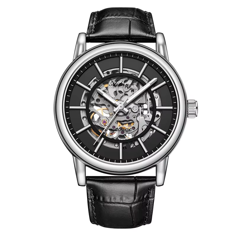 AL8891 Montre mécanique automatique squelette à cadran rond, bracelet en cuir, étanche, lumineuse, d