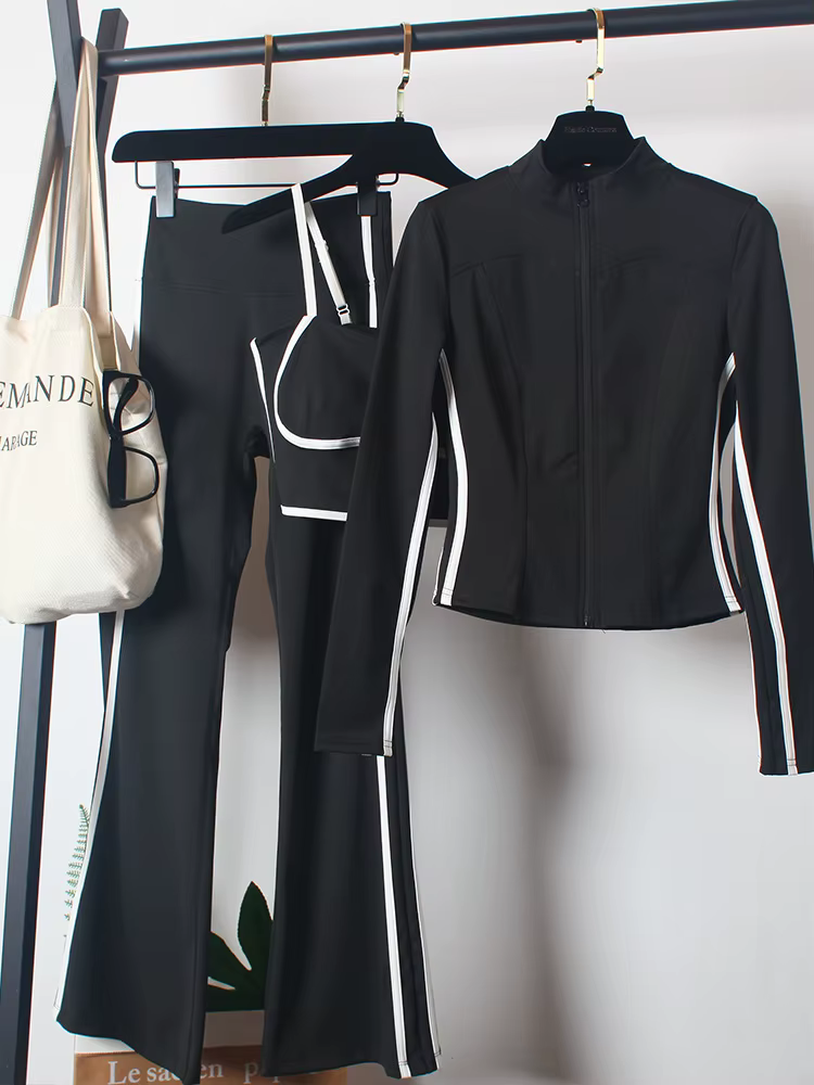 Ensemble de costumes de yoga 3 pièces pour femmes : Manteau de printemps, soutien-gorge et pantalon
