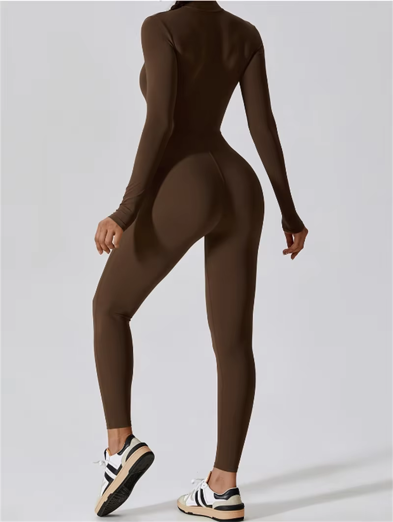 Combinaison de yoga longue intégrée à demi-zip, couleur unie, sexy, manches longues, vêtements de sp