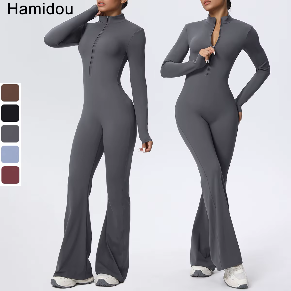 Femme couleur unie combinaison Yoga costume demi fermeture éclair Scrunch sport Fitness vêtements gy