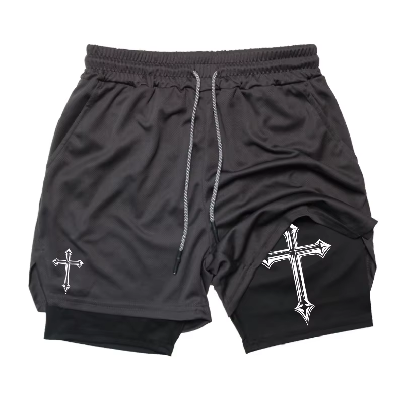Short d'entraînement 2 en 1 imprimé croisé avec doublure de compression pour homme, short athlétique