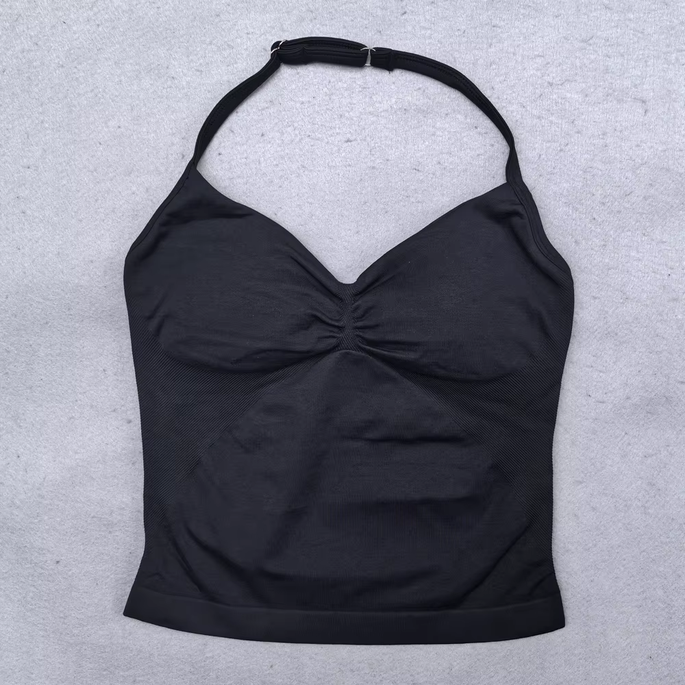 Ensemble de Yoga sans couture pour femmes, 2 pièces, débardeur rembourré, col licou, froissé, levage