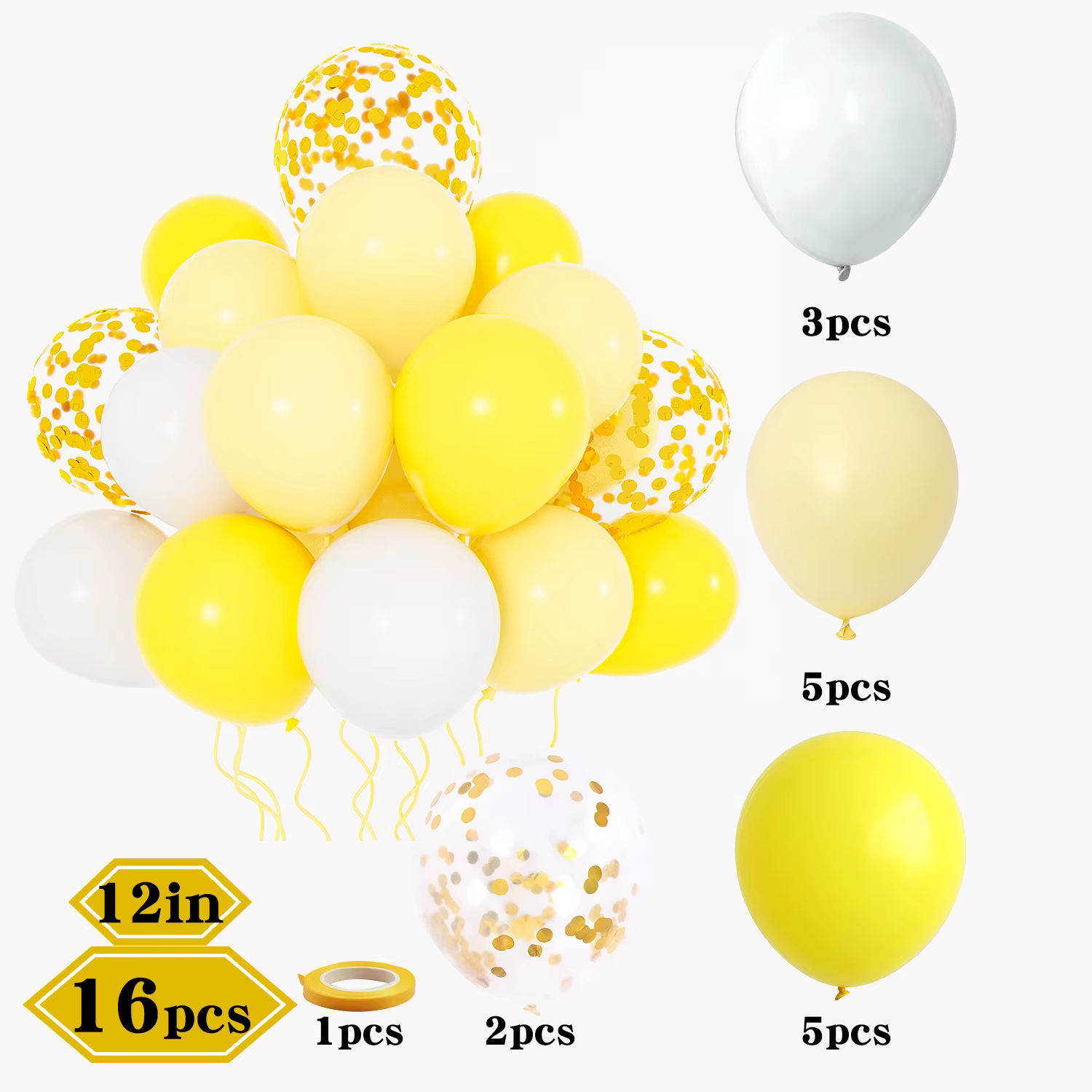 Ballons jaunes pastel et blancs de 12 pouces avec confettis dorés pour mariage sur le thème de l'abe