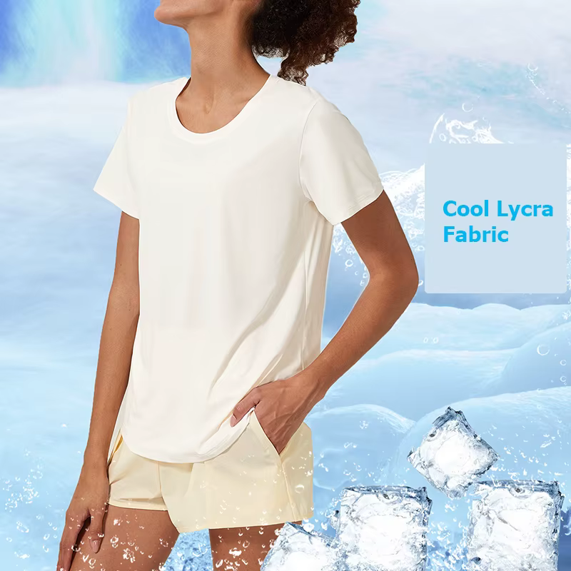 T-shirt de yoga à manches courtes pour femmes, tissu super commandé, chemise de gym respirante, haut