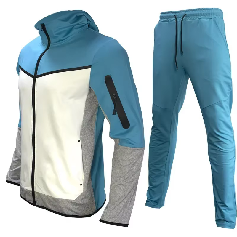Ensembles de course à capuche pour hommes, survêtements décontractés patchwork, veste à glissière et