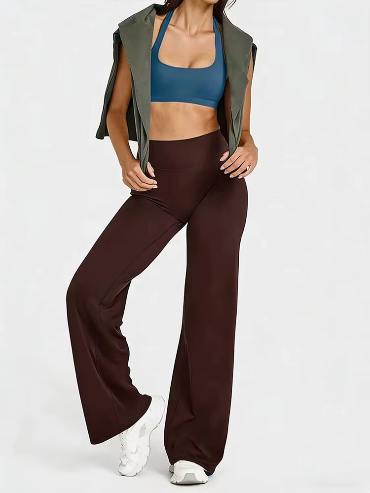 Pantalon de yoga taille haute pour femme, coupe droite, avec effet ventre plat, ourlet large, léger