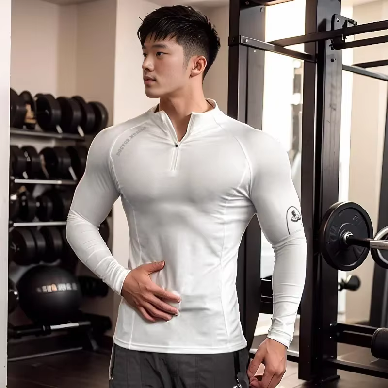 Haute qualité fermeture éclair col rond hauts sport printemps automne fitness T-shirt hommes à manch