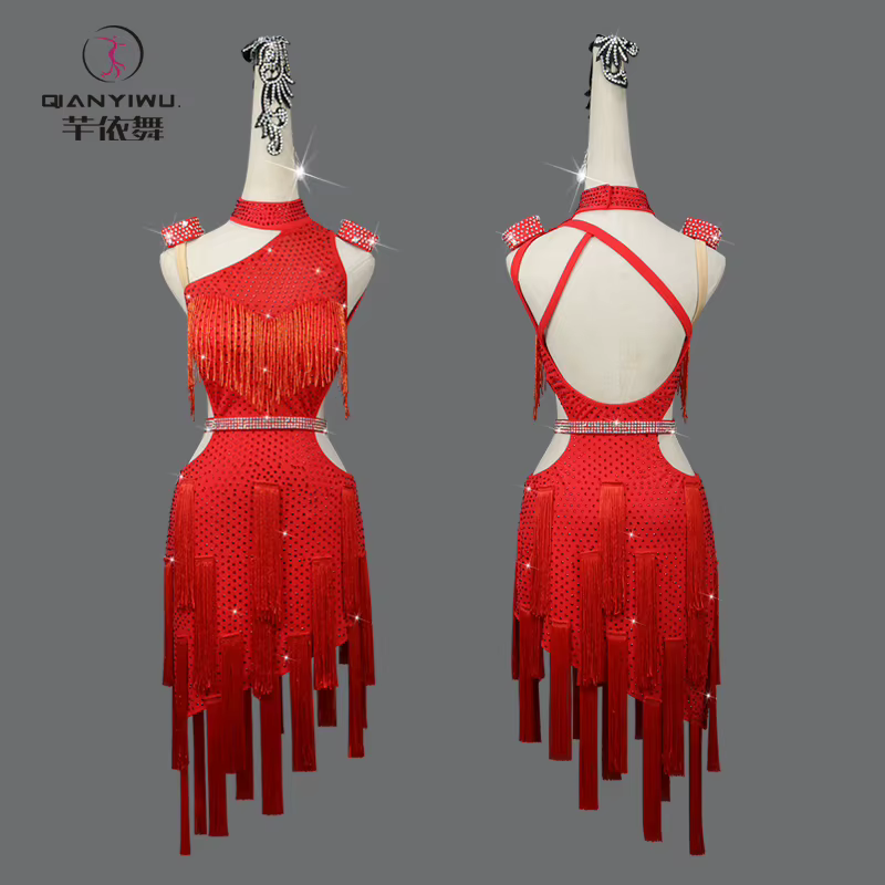 Robes de soirée rouges pour femmes, costume de danse latine élégant, compétition 2026, jupe à frange