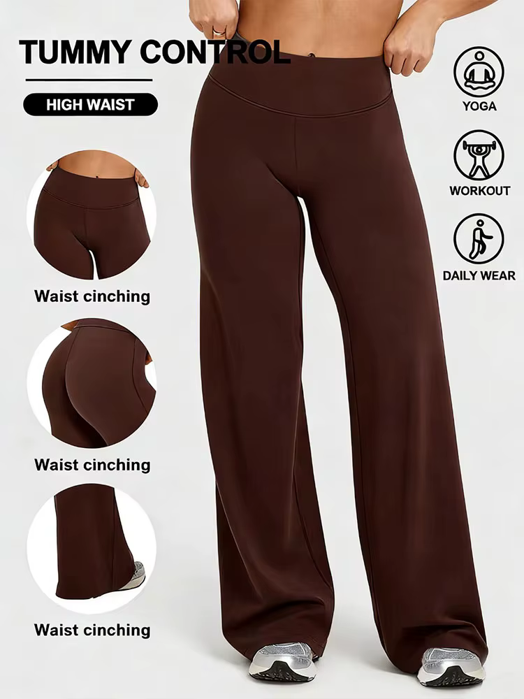 Pantalon de yoga taille haute pour femme, coupe droite, avec effet ventre plat, ourlet large, léger 