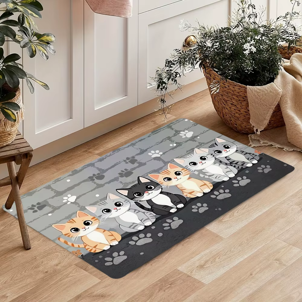 Tapis Adorable Chat de Dessin Animé, Décoration d'Intérieur Mignonne et Charmante avec Tons Noirs po