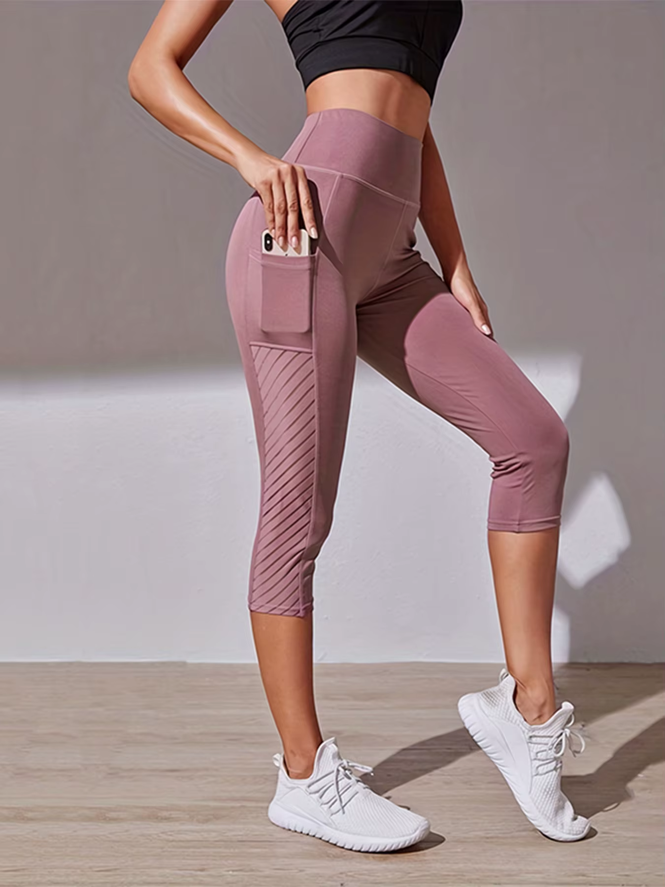 Pantalon de Yoga taille haute en maille, Leggings Capri avec poches pour femmes, contrôle du ventre,