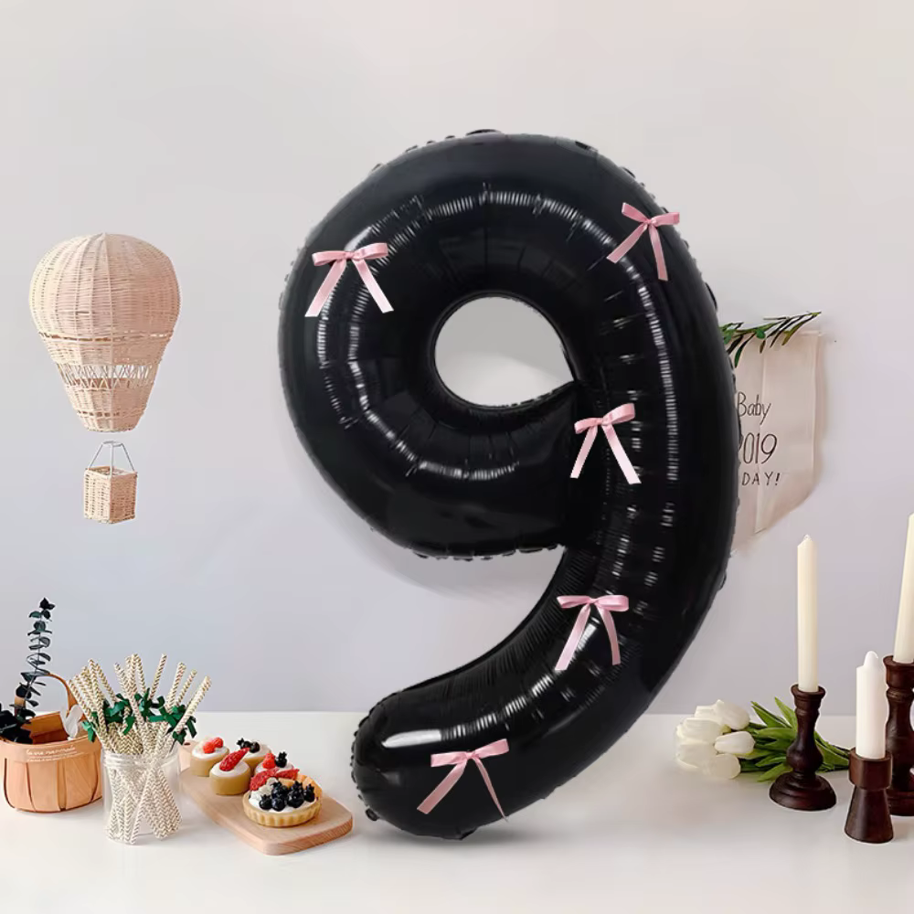 Ballon chiffre noir de 32 pouces avec nœuds roses, grand ballon en aluminium, ruban satiné, ballon d