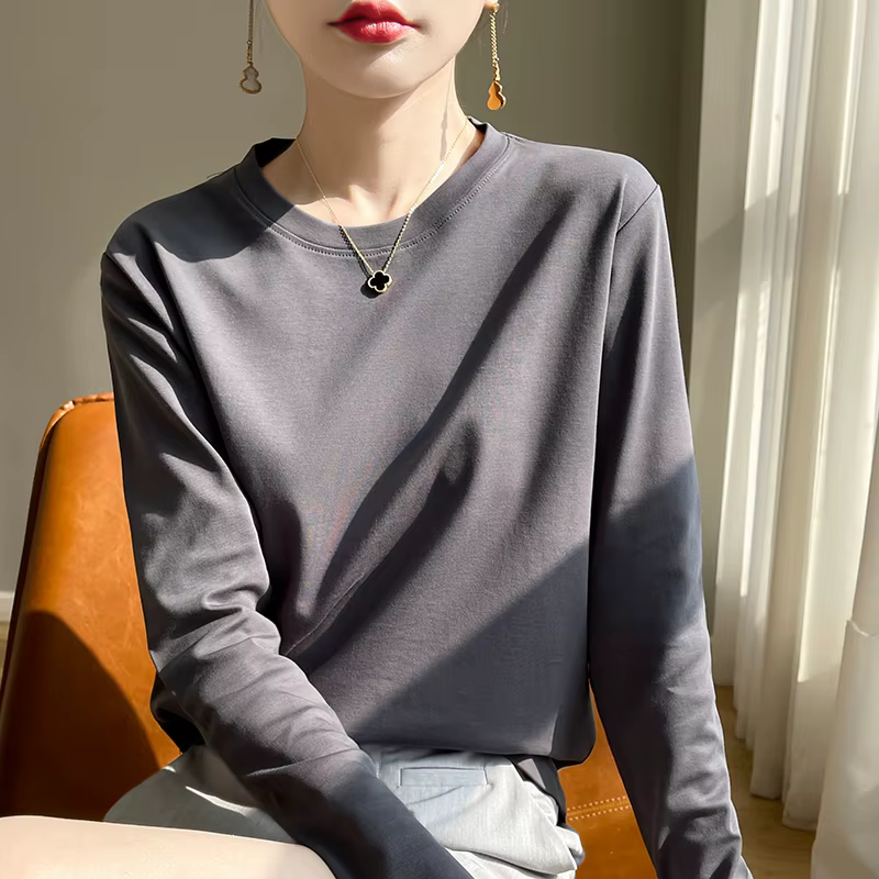 T-Shirt à manches longues et col rond pour femme, 100% coton, chemise à bascule, haut ample, printem